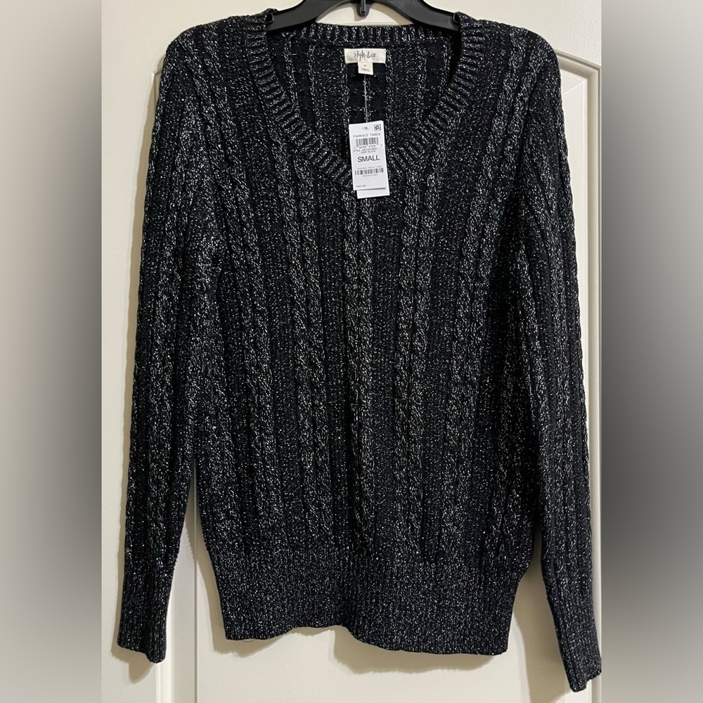 NWT Style & Co. Black Silver Metallic V-Neck Knit Ribbed Sweater Small